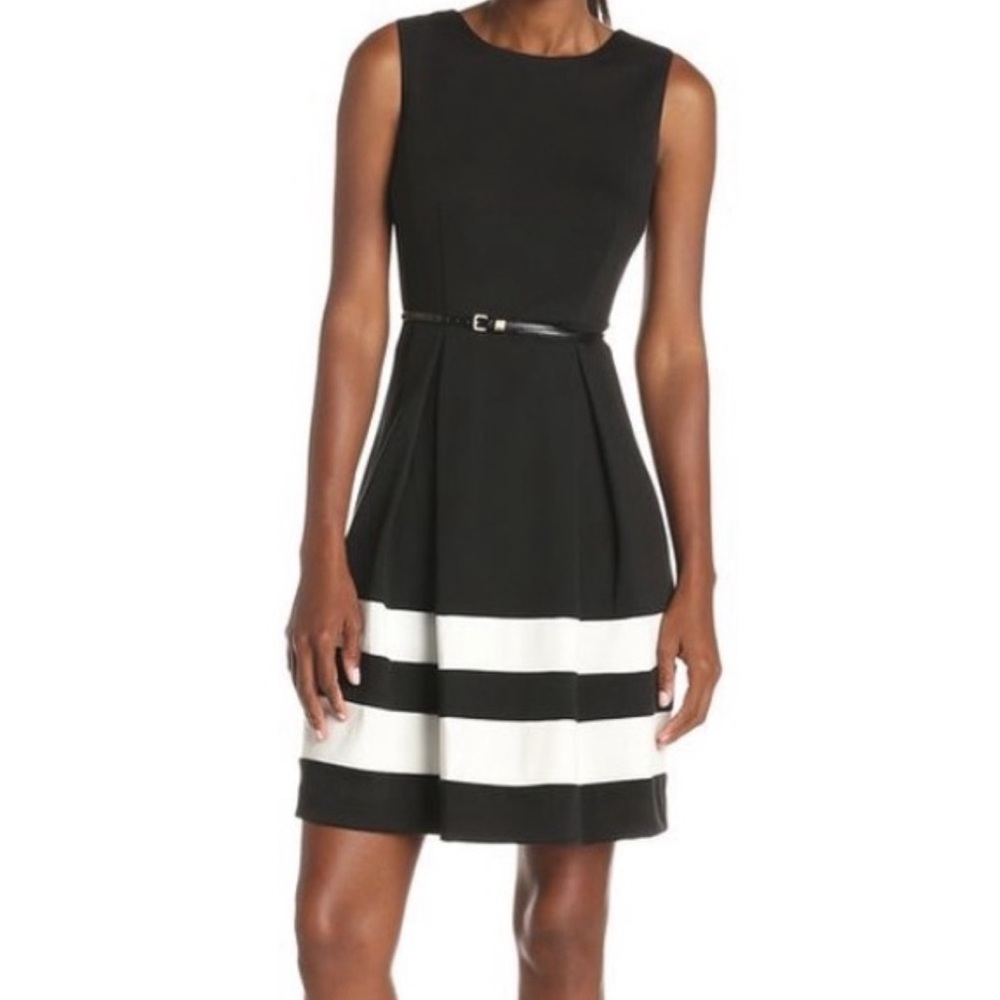 🌷SOLD🌷 Calvin Klein Black and White Fit and Flair Belted Sleeveless Dress Sz 2 - Picture 12 of 13